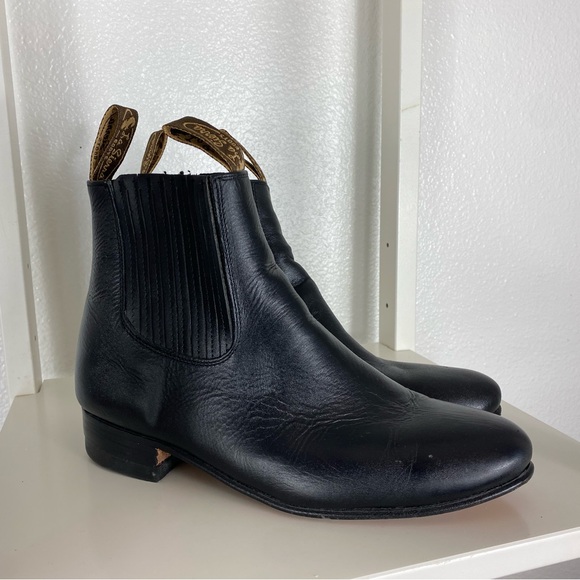 Los Altos Boots Black Leather Chelsea Charro Botin Short Ankle Deer Boot ~ botines para hombre For Men - Short Cowboy - Western Ankle Boots